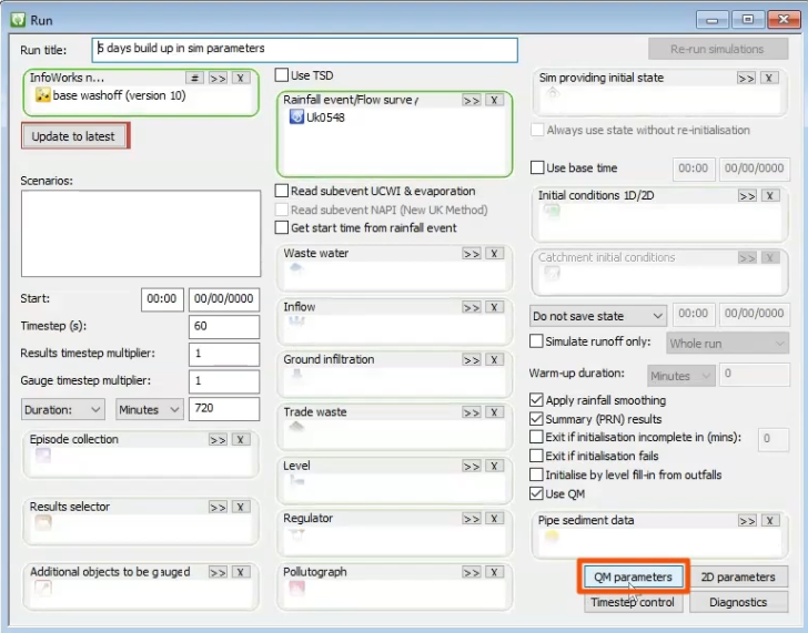The Run dialog with QM Parameters highlighted in red.