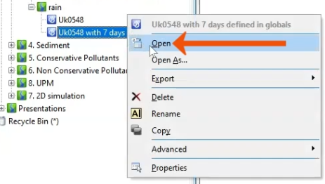 In the Explorer window, the expanded context menu for a rainfall event, with Open highlighted and called out.