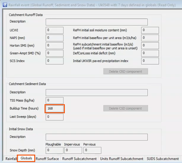 The Rainfall event dialog, with the Globals tab highlighted in red and opened, and the Buildup Time highlighted in red.