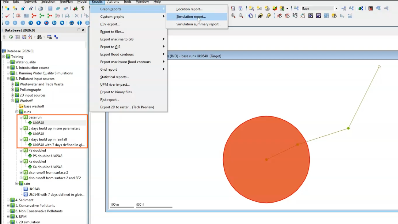 The three simulations highlighted in the Explorer; the Results menu expanded with Graph reports selected and Simulation report selected in the flyout; and the base run simulation open on the GeoPlan.