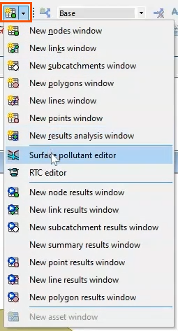 From the Windows toolbar, the Grid Windows drop-down highlighted in red and expanded, with the Surface pollutant editor option being selected.
