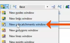 In a zoomed-in view of the Windows toolbar, the Grid windows drop-down expanded, with New subcatchments window selected and called out.