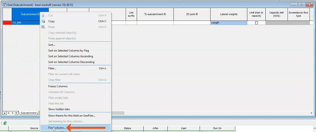 The Subcatchment grid open with the first column header in blue, and the column header context menu active, with Find column called out and being selected at the bottom.