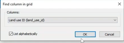 The Find column in grid dialog, with Land use ID selected.
