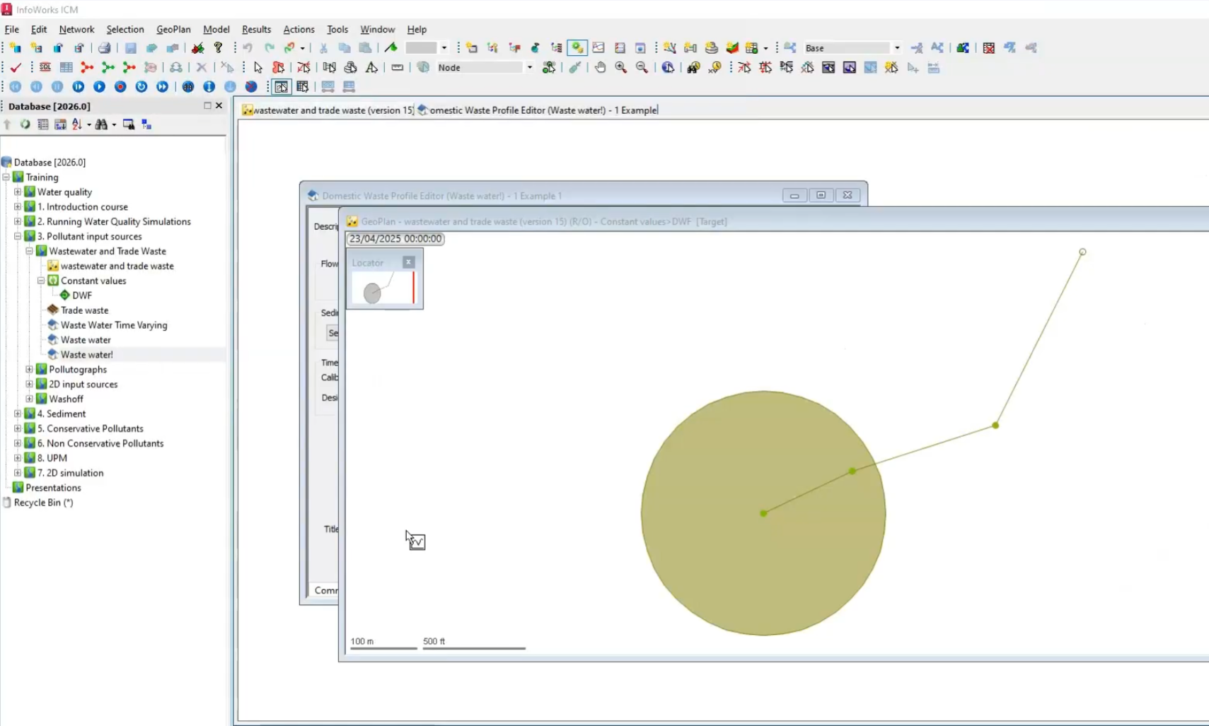 In the InfoWorks ICM interface, the example three-pipe model with one subcatchment open in the GeoPlan.
