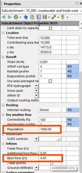 In the subcatchment Properties, the Population and Base flow values highlighted in red.