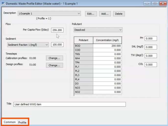 The Domestic Waste Profile Editor with the Common and Profile tabs highlighted in red.