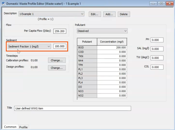 The Domestic Waste Profile Editor with the Sediment fraction 1 value highlighted in red.