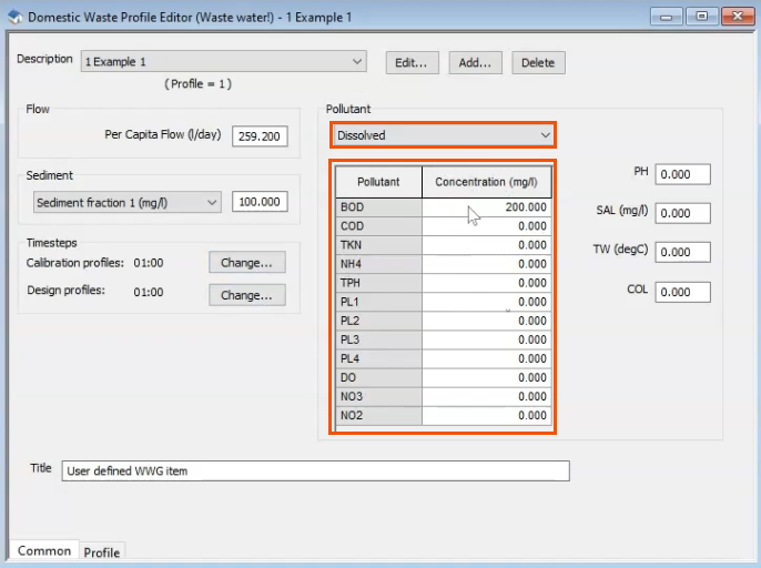 In the Profile Editor, the dissolved constituents table and the Pollutant drop-down highlighted in red.