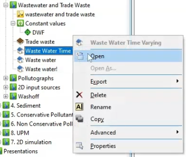 The expanded context menu for the Waste Water Time Varying event, with Open selected.