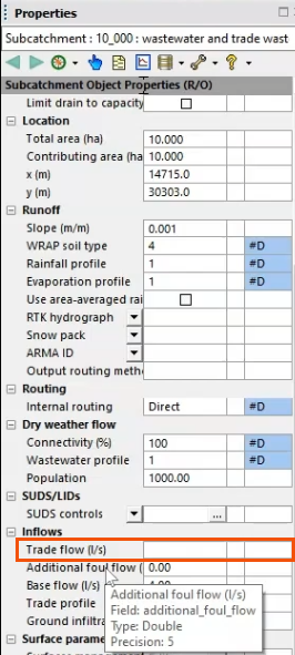 The Properties for a Trade Waste event, with the Trade flow parameter highlighted in red.