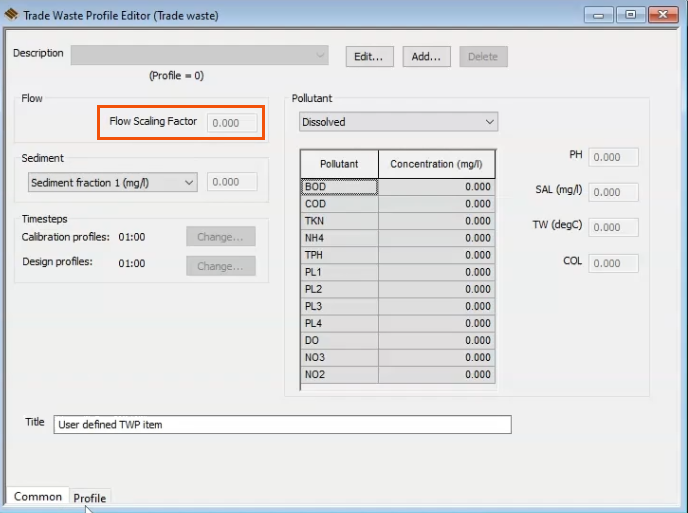 The Trade Waste Profile Editor with the Flow Scaling Factor parameter highlighted in red.