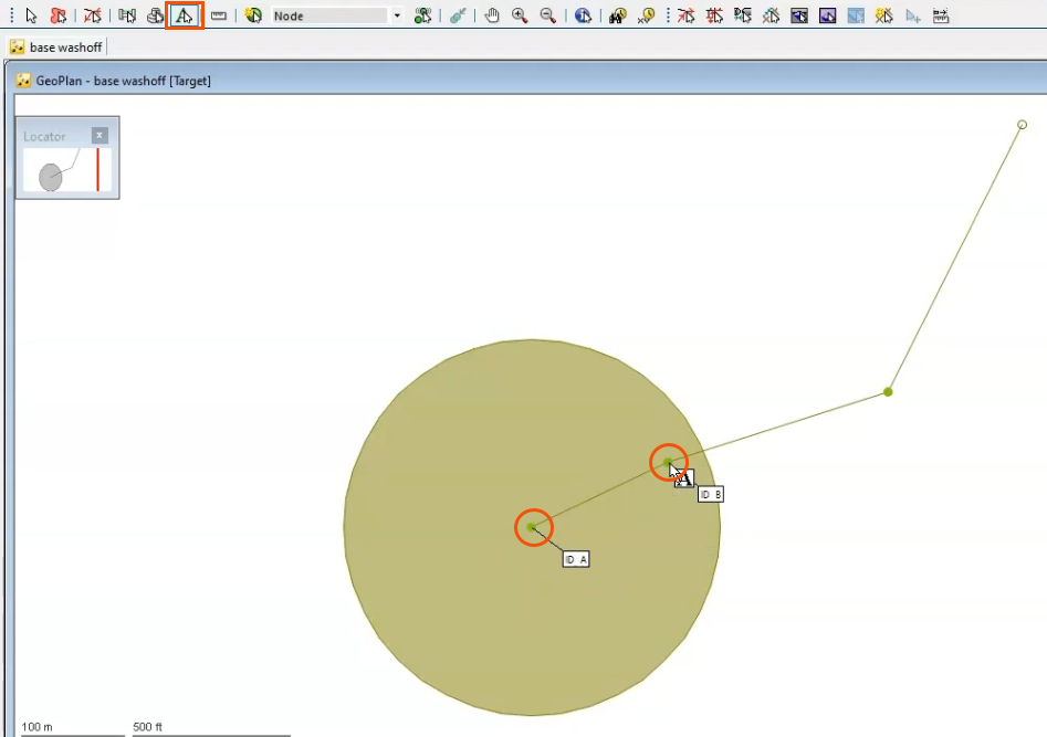On the GeoPlan Tools toolbar, Auto Label highlighted in red. In the GeoPlan, Manhole A and Manhole B highlighted in red, with labels applied.
