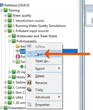 In the Explorer, the context menu for Inflow, with Open being selected and called out with a red arrow.