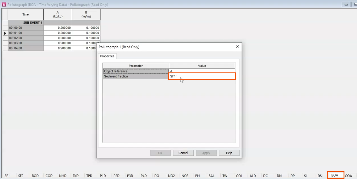 The pollutograph with the BOA tab selected and highlighted in red, with Profile Properties opened for a sub-event and SF1 highlighted in red.