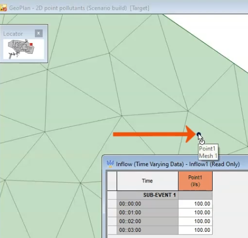 The Inflow dialog, with the name Point1 highlighted in the GeoPlan and in the inflow.