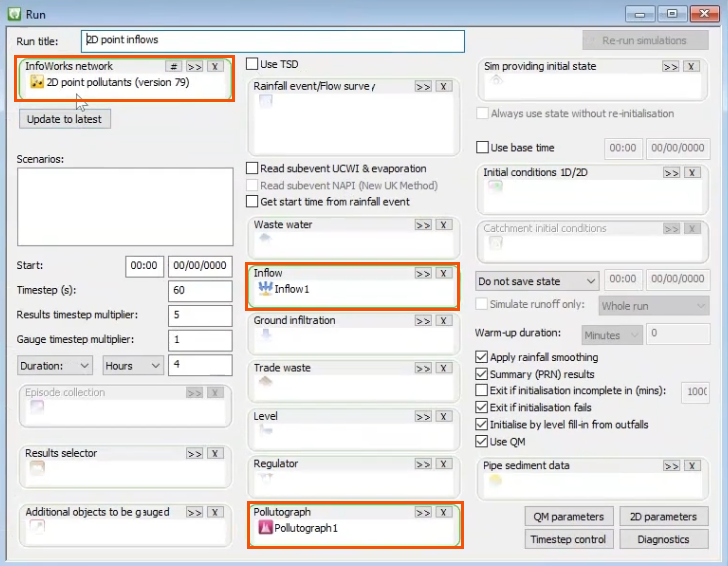 The Run dialog with the network, inflow, and pollutograph added to the corresponding group boxes and highlighted in red.