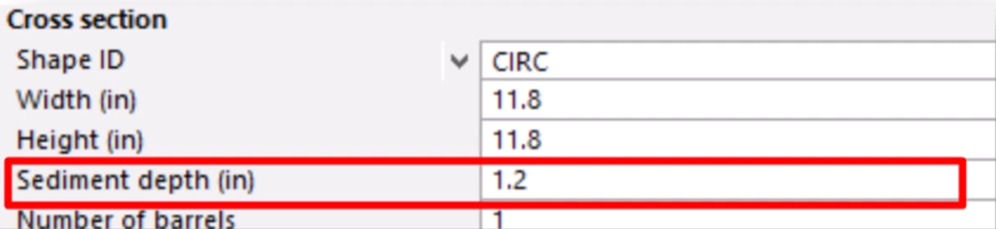 In the water quality and sediment parameters, under Cross section, Sediment depth highlighted in red.