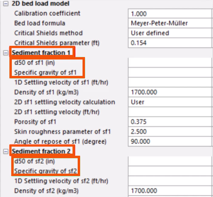 In the water quality and sediment parameters, the Sediment fraction 1 and Sediment fraction 2 parameters highlighted in red.