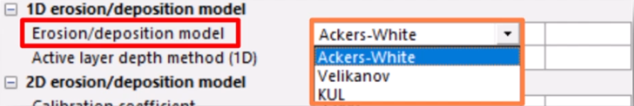 In the water quality and sediment parameters, the erosion/deposition model drop-down expanded to show the available model options.