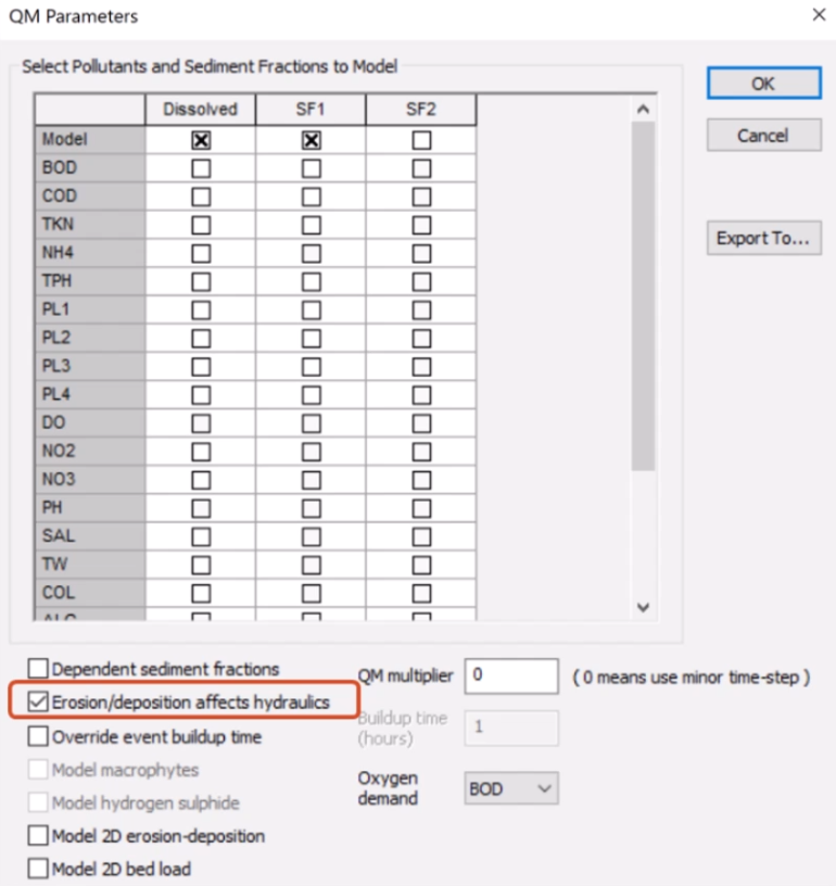 In the QM Parameters dialog box, the Erosion/deposition effects hydraulics option selected and highlighted in red.