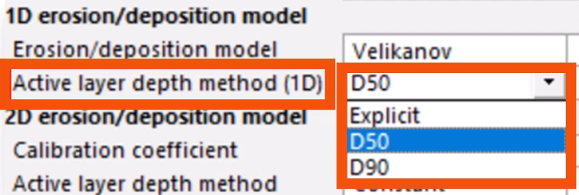 In the Water quality and sediment parameters, next to Active layer depth method, the drop-down expanded to show the D50 and D90 options.