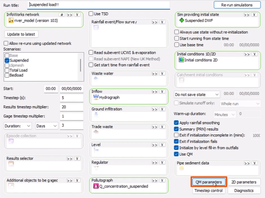 The Run dialog with QM parameters highlighted in red.