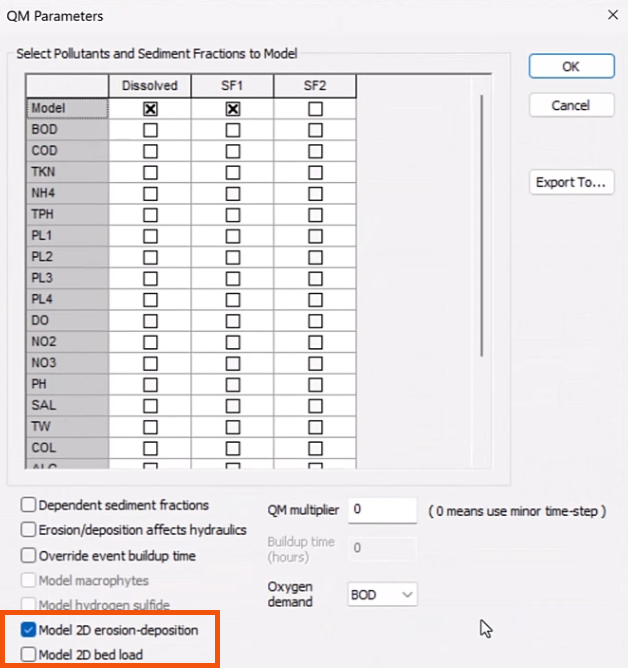 The QM Parameters dialog, with the options for Model 2D erosion-deposition and Model 2D bed load highlighted in red.
