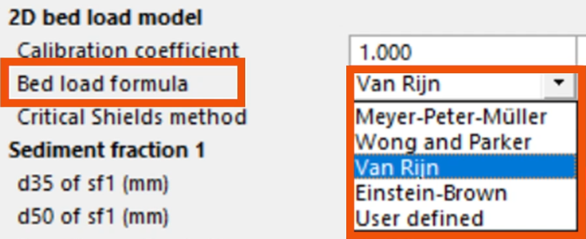 In the 2D bed load model parameters, the Bed load formula drop-down expanded with the list of available equations highlighted in red.