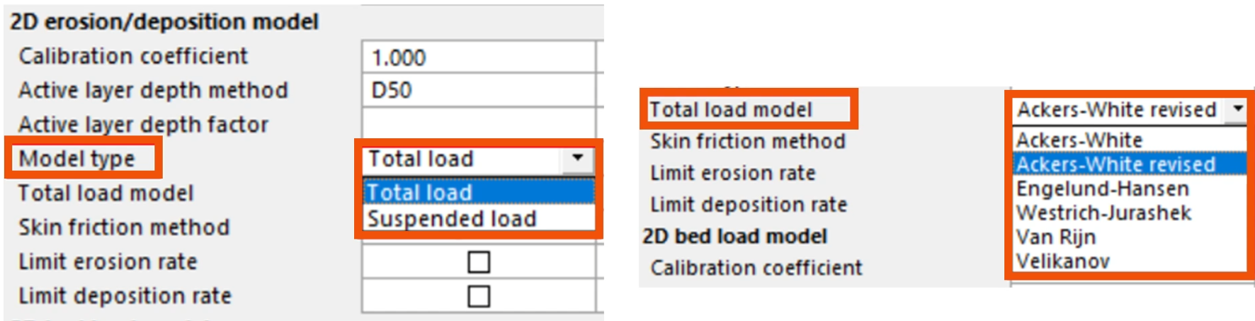 On the left, in Properties, the Model type being set to Total load, and on the right, the Total load model drop-down expanded to show the available options.