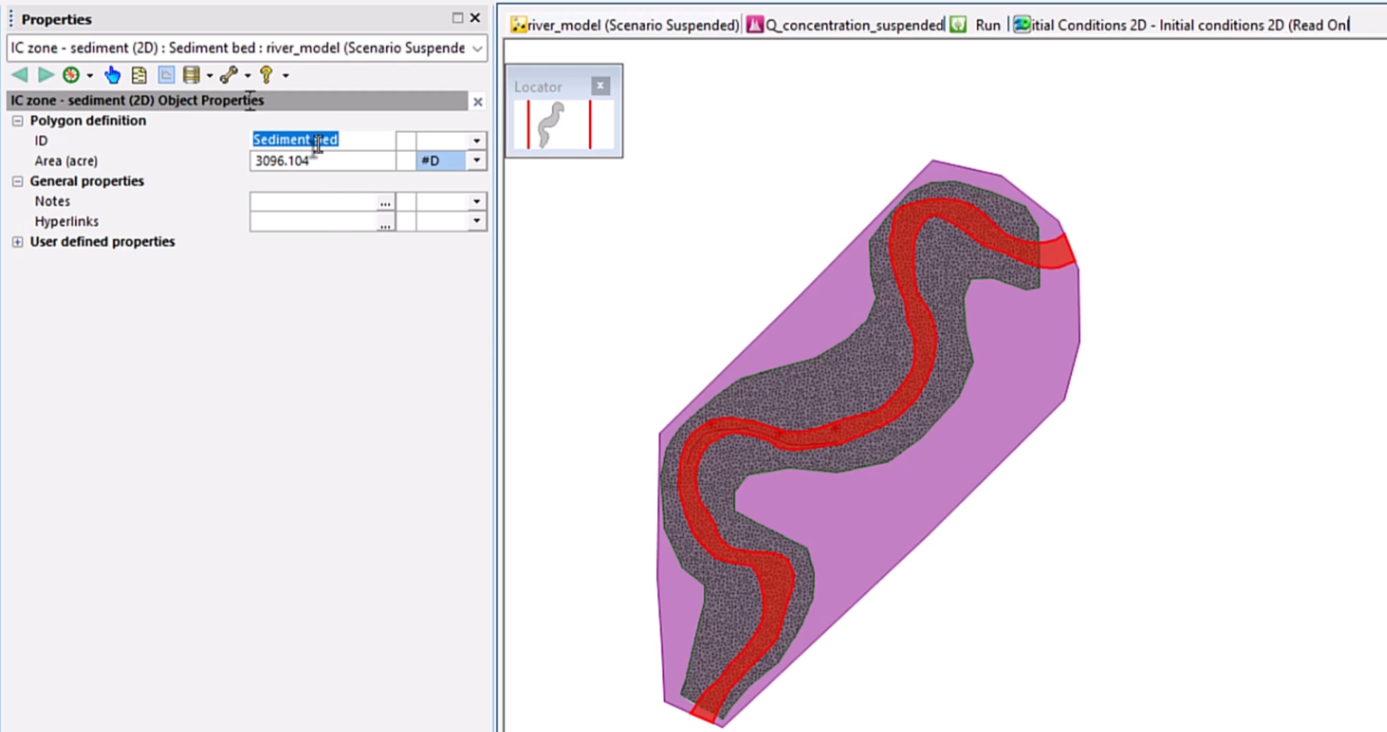 In the GeoPlan, the bed channel selected, and in Properties, the available Polygon definitions.