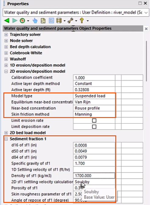 In Properties, the 2D erosion/deposition model options and the Sediment fraction 1 parameters configured for this example and highlighted in red.