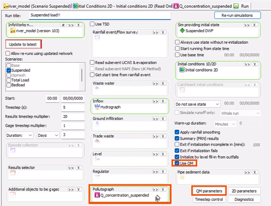 The Run dialog, with the Pollutograph added and highlighted in red, and with Use QM and QM parameters highlighted in red.