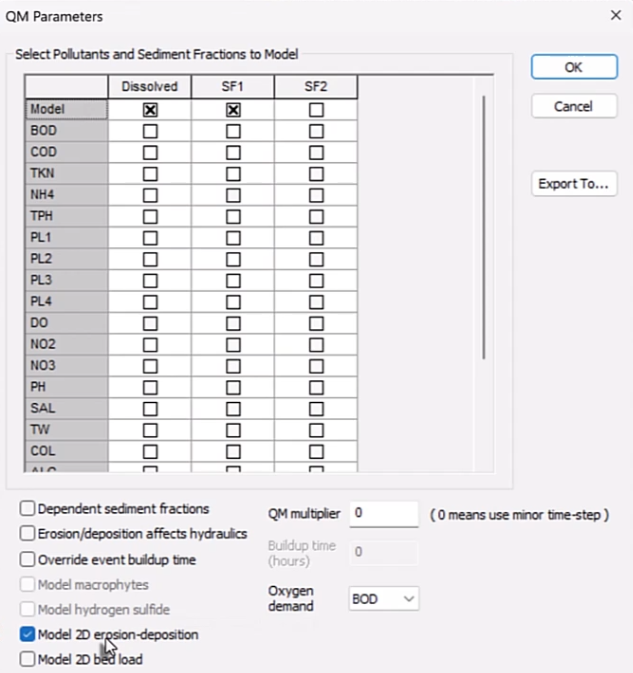 QM Parameters with SF1 and Model 2D erosion-deposition selected.