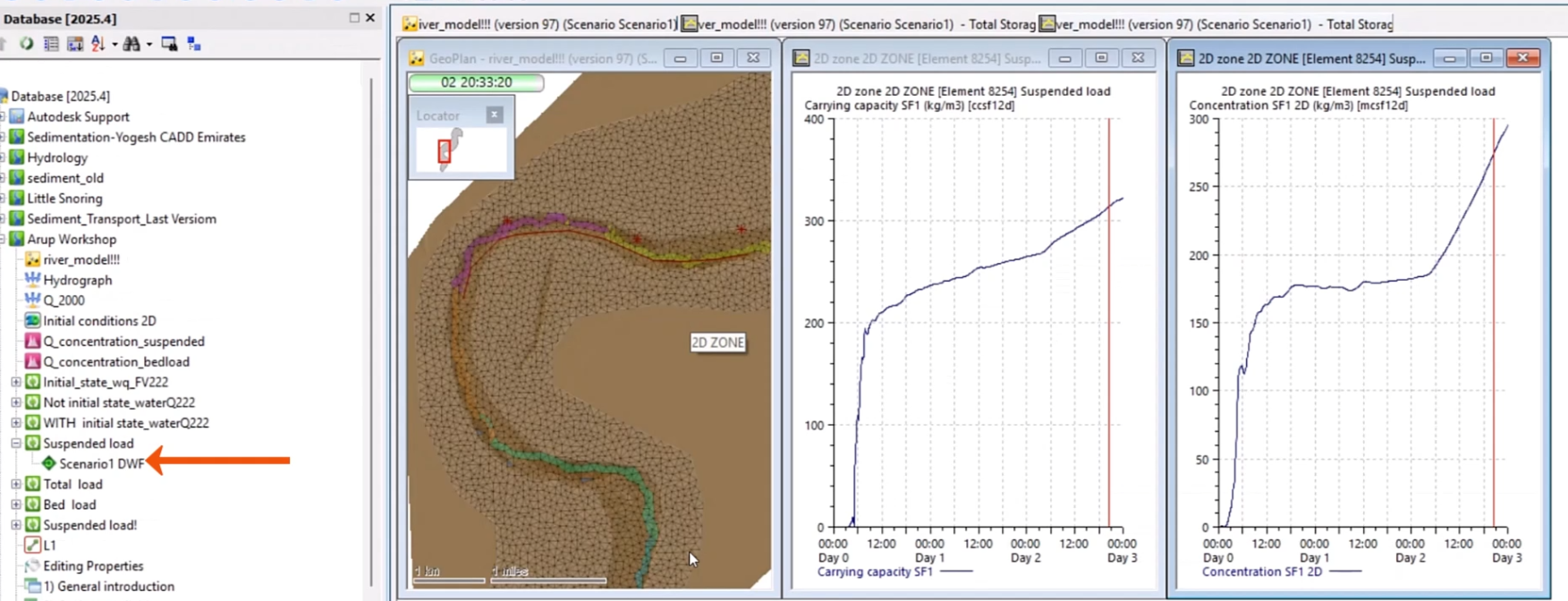 The Suspended load result called out in the Explorer, with the resulting plan view and two graphs displayed in the GeoPlan.