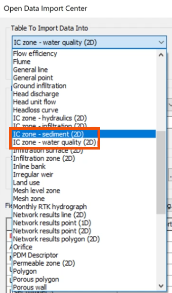 Within the Open Data Import Center dialog, the Table to Import Data Into drop-down expanded, with IC zones highlighted in red.