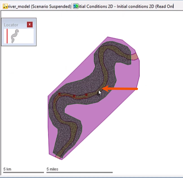 In the GeoPlan, a polygon covering the river reach, with the 2D initial conditions object called out and being selected.