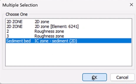 In the Multiple selection dialog, Sediment bed highlighted and OK being selected.