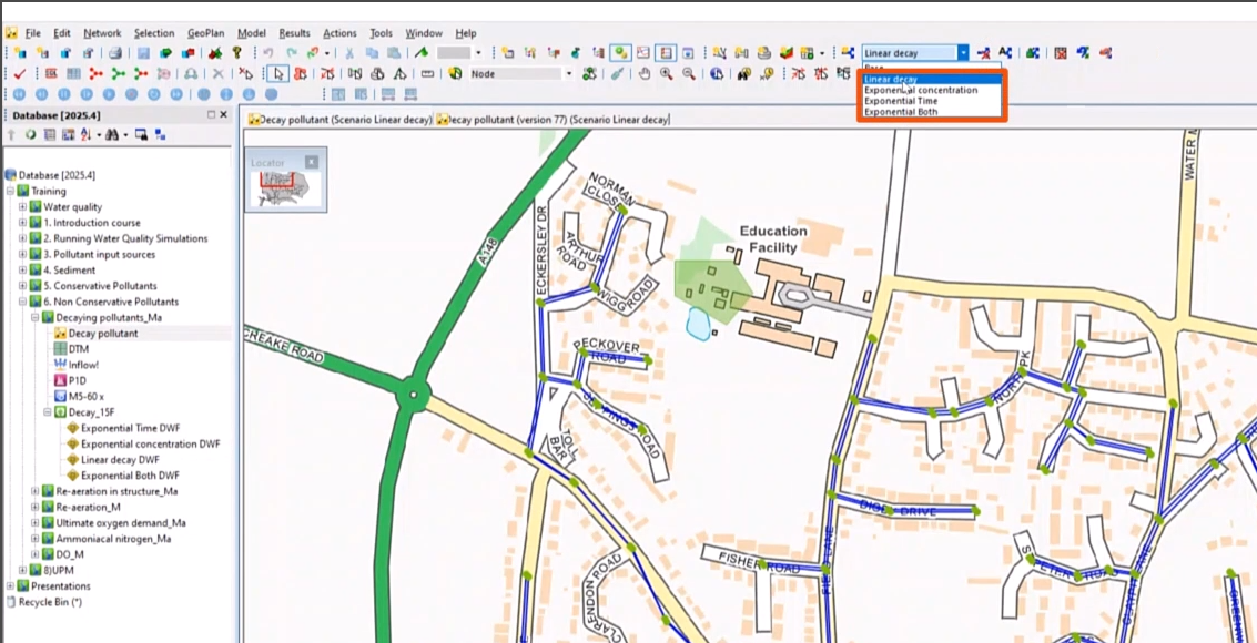 The top-left corner of the ICM interface, with the Scenarios drop-down expanded and the four decay options highlighted in red.