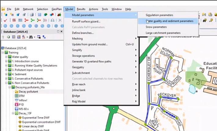 The top-left corner of the ICM interface, with the Model and Model Parameters menus expanded and Water quality and sediment parameters being selected. All three are highlighted in blue.
