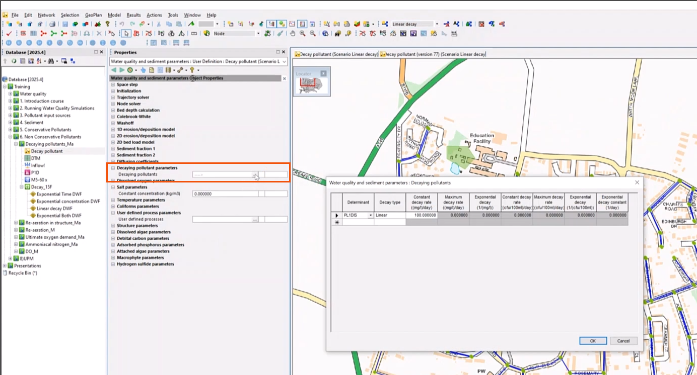 The top-left corner of the ICM interface, with the Properties panel open and the Decaying Pollutions options highlighted in red. The More button has been selected, and the Decaying Pollutants dialog is open to the right over the GeoPlan.
