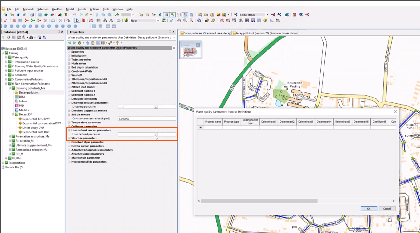The top-left corner of the ICM interface, with the Properties panel open and the User defined process parameters options highlighted in red. The More button has been selected, and the Process Definitions dialog is open to the right over the GeoPlan.