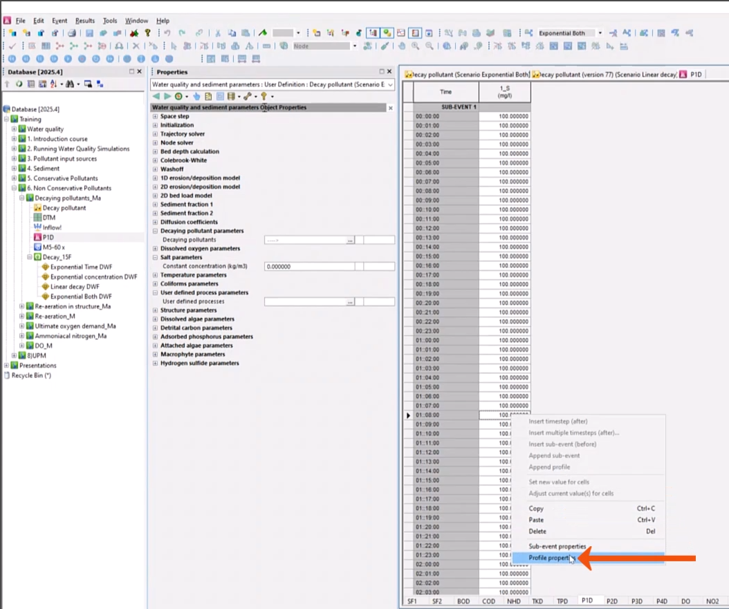 The left side of the ICM interface, with the Browser, Properties panel, and pollutograph window all open. In the pollutograph table, one of the values has been right-clicked, and from the menu, Profile properties is highlighted with a red arrow as being selected.
