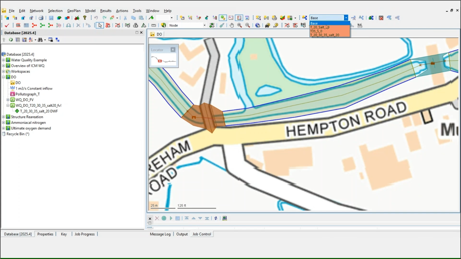 The InfoWorks ICM interface, with the Scenarios drop-down expanded and Base being selected from the highlighted list.