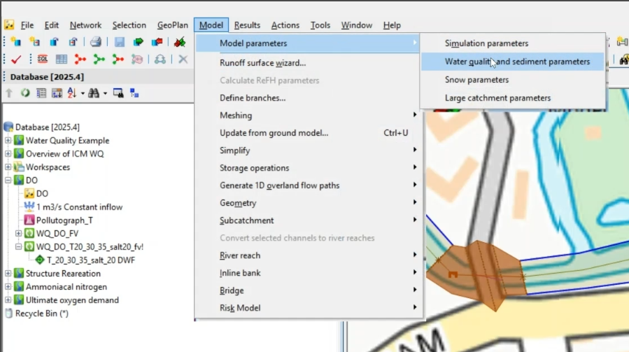 The top-left corner of the InfoWorks ICM interface, with the Model menu expanded, the Model parameters flyout open, and Water quality and sediment parameters being selected.