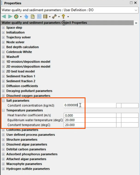 The Properties panel open, with the Salt parameters and Temperature parameters highlighted with a red box.