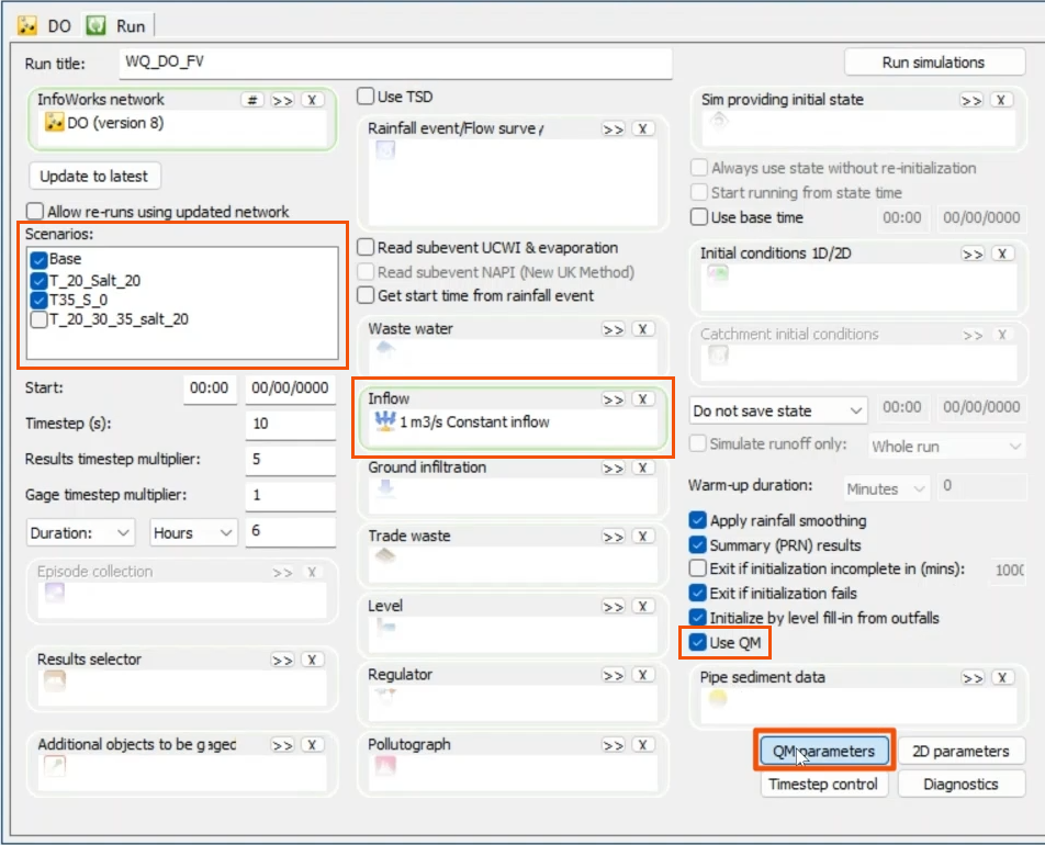 The Run dialog, with the three scenarios highlighted on the left, the Inflow highlighted in the middle, and the Use QM option highlighted on the right, all in red boxes. The QM parameters button is also highlighted as being selected.