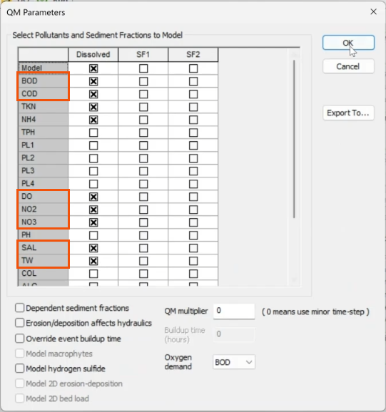 The QM Parameters dialog, with three red boxes highlighting the list of pollutants chosen for this example, including DO, BOD, COD, NO2, NO3, SAL, and TW.
