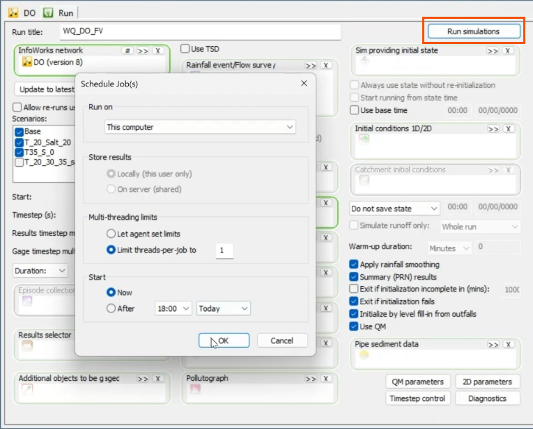 The Run parameters dialog, with the Run simulations button highlighted and the Schedule Job(s) dialog open in front of it.