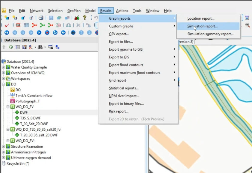 The top-left corner of the InfoWorks ICM interface, with the Results menu expanded, the Graph reports flyout open, and Simulation report being selected.
